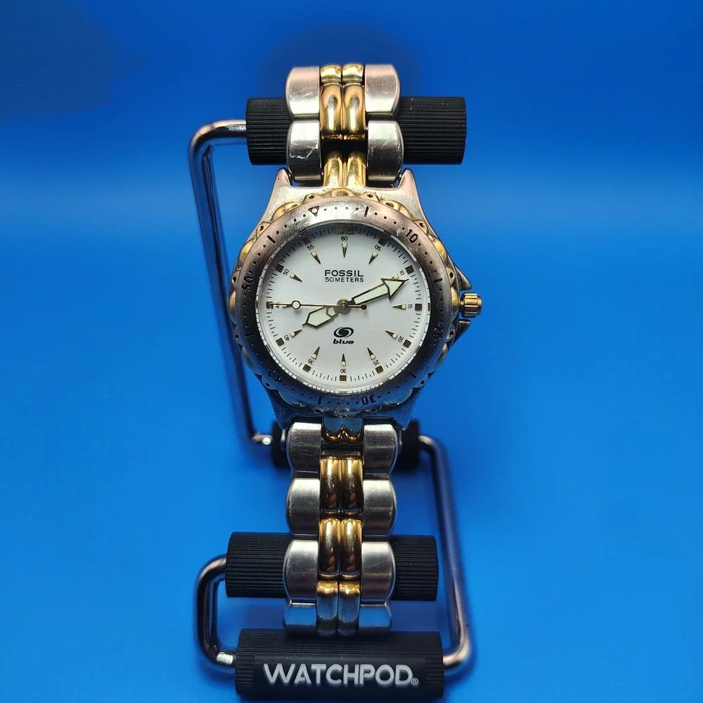 Vintage 1996 Fossil Blue‎ 34mm Two Tone Women's Quartz Watch Lume Fully Restored